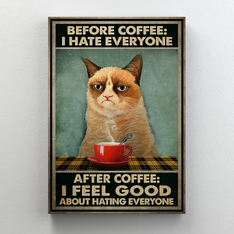 «Méchant chat - Avant et après café», impression sur toile, H 20 po x l 16 po x P 2 po