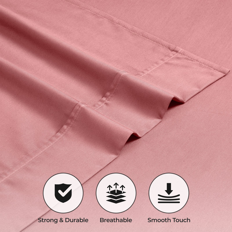 Cotton Blend 600 Thread Count Solid Deep Pocket Bed Sheet Set, Queen Sheet Set + Fitted Sheet + Pillowcase, Blush