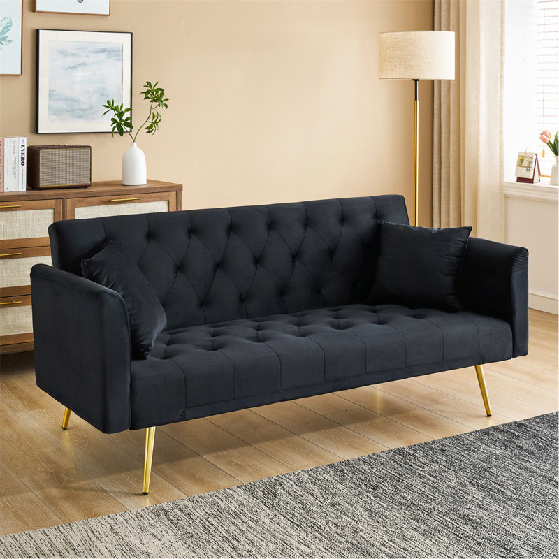 Canapé double pliable de 71 pouces, de style rétro américain, fabriqué en velours noir, idéal pour les petits salons, les chambres et les bureaux.