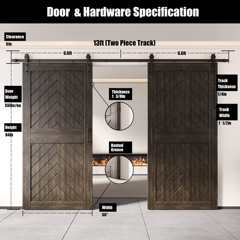 Homacer ébène 36 po x 84 po fini et non assemblé 4-en-1 Fishbone deux portes de grange avec quincaillerie d'installation sans dérivation, rail de 13 pi, utilisation intérieure seulement