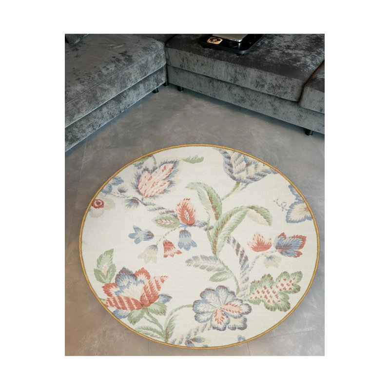 Light Tone Floral Patterned Round Woven Base Modern Decorative Carpet, Round 2'8"