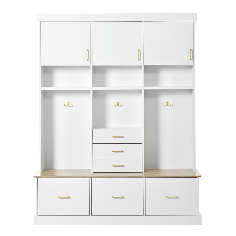White 75-Inch Entryway Hall Tree with Bench and 5-Hook Storage Rack