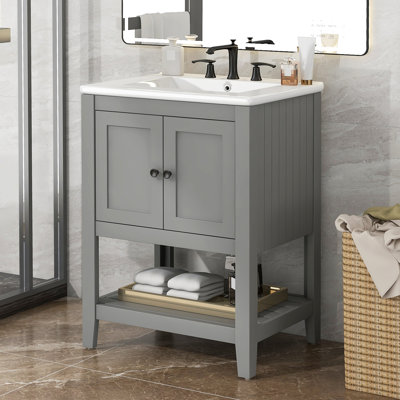Lavabo de salle de bain élégant en céramique 24 po avec tablette ouverte en bois massif