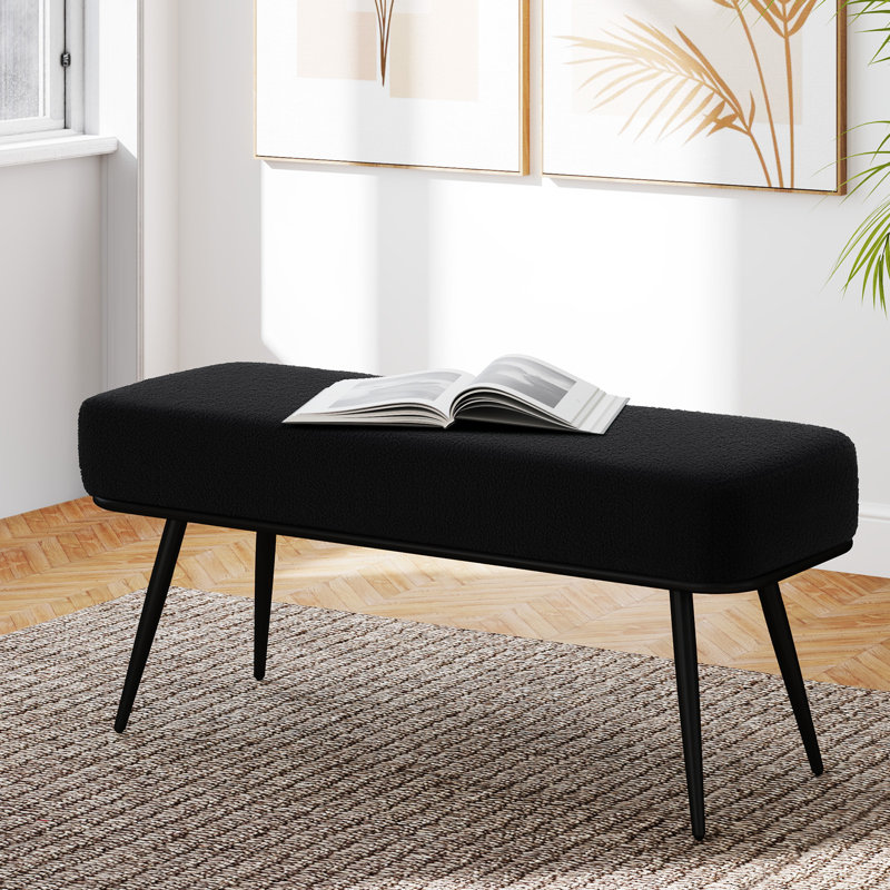 43.3"W Modern Upholstered Bench with Metal Frame and Teddy Fabric, Black