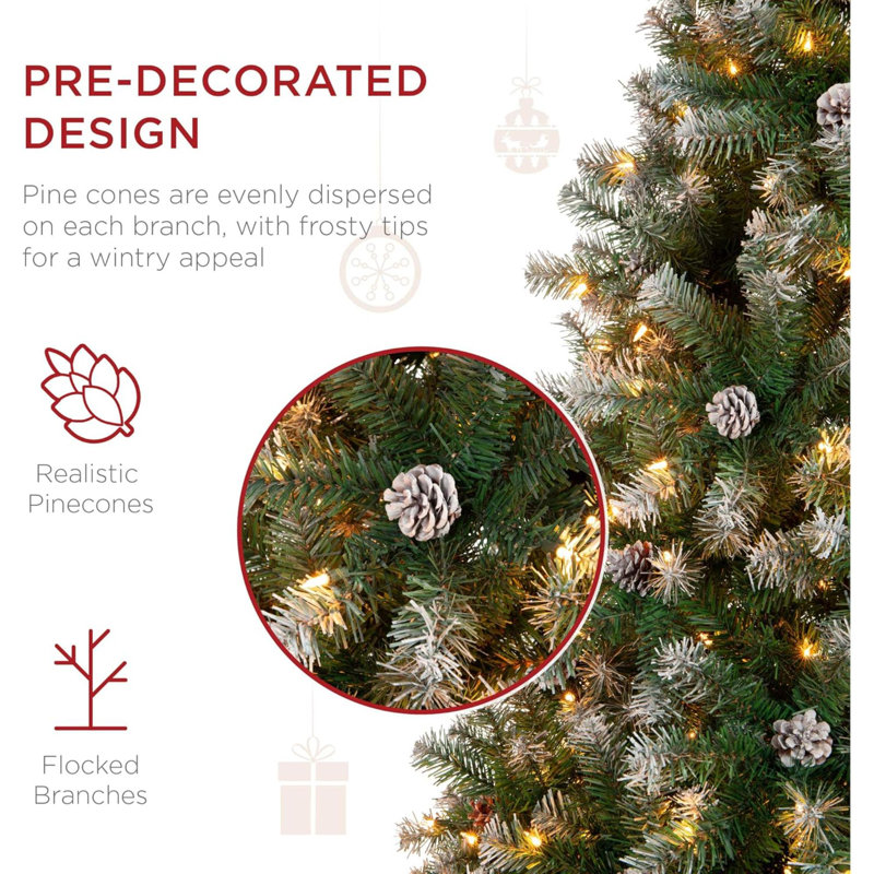 Pre Lit Pre Decorated Pine Hinged Artificial Christmas Tree Flocked Frosted Tips 80 Pine Cones 550 Lights Metal Base