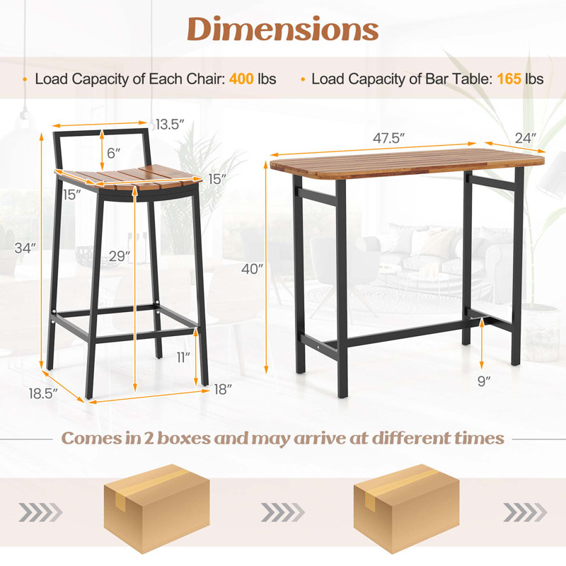 17 Storeys 5 Pcs Acacia Wood Bar Table Set Outdoor Bar Height Table & Chairs With Metal Frame