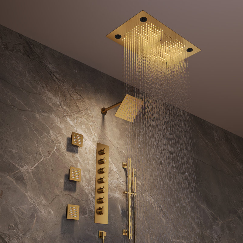  LED Bluetooth Thermostatic Shower System, Ceiling Mount Rainfall Shower Head with with Handheld Shower, Brushed Gold