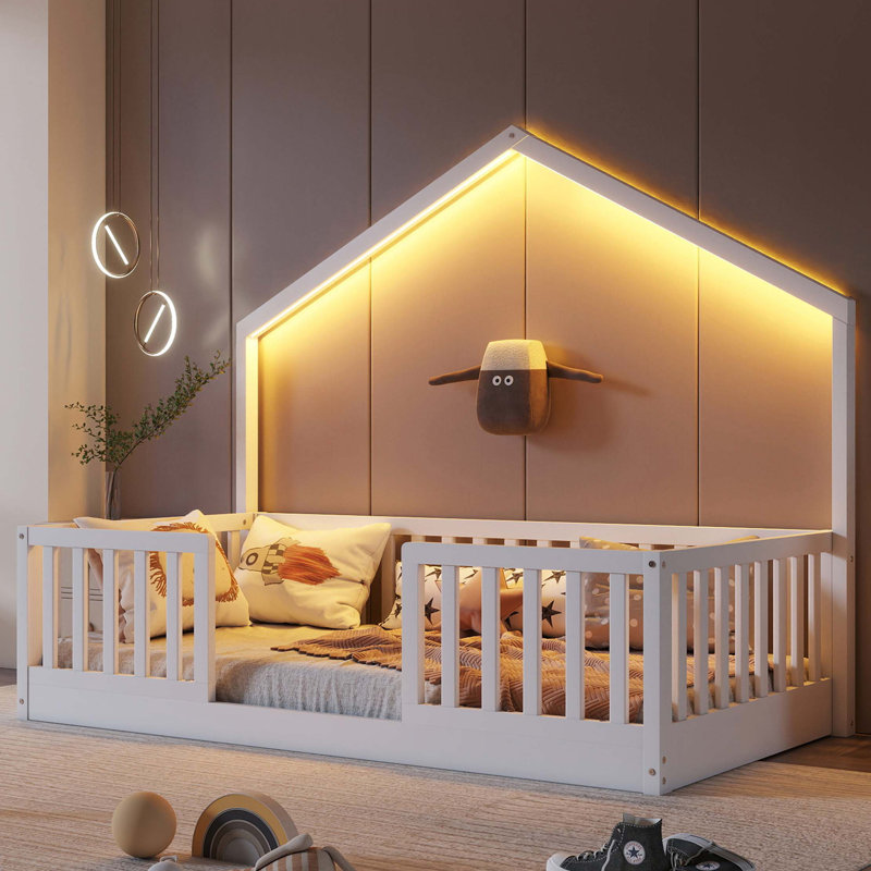 Lit simple Montessori avec lumière DEL et rails de sécurité, Blanc