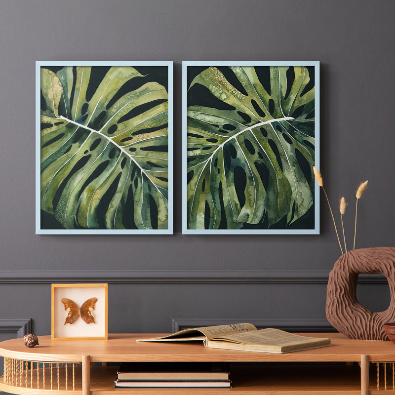 Reproduction encadrée Nocturnal Monstera I-Premium - prête à être accrochée - aucun clou requis - aucun clou requis, Bleu