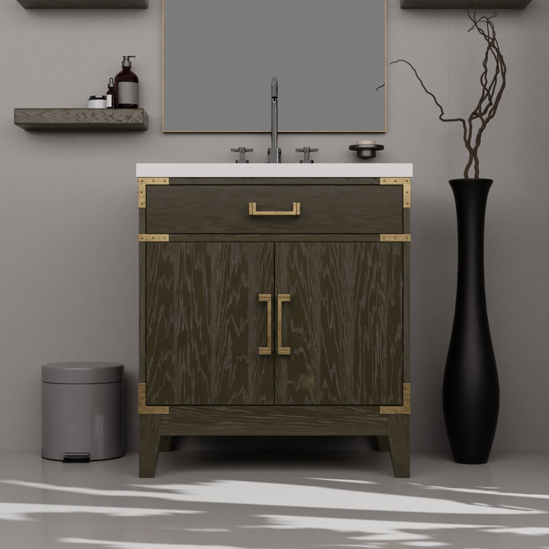 Ensemble de meuble-lavabo simple avec plateau en marbre de culture et robinet, Chêne brun
