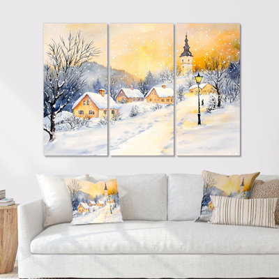 «Snowy Village At Night I - Winter Landscape», ensemble d'art mural