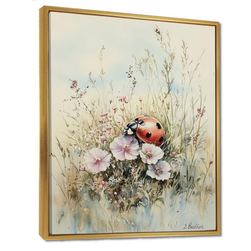 Curious Ladybug Blooms - Ladybug Wall Art, 32" H x 24" W, Floater Framed Print, Gold