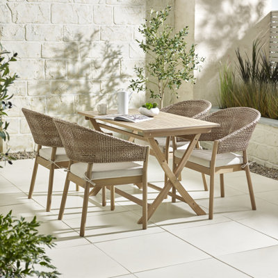 Melony Solid Wood Rectangular Garden Dining Table With 4 Wicker Effect Dining Chairs - Modern Boho