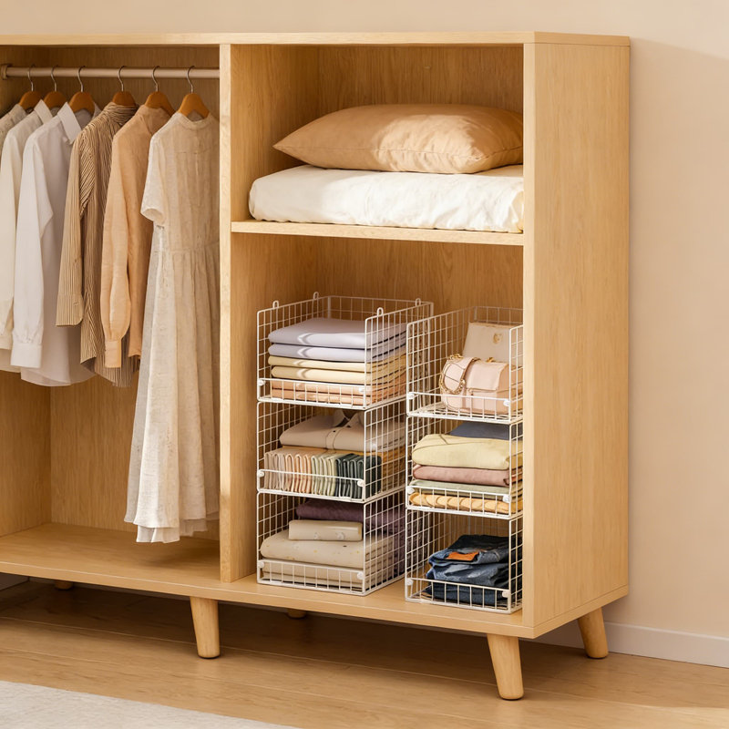 Organisateur de garde-robe empilable à 5 niveaux avec paniers, système de tablettes de rangement pliables et peu encombrantes, conception en maille de fer robuste pour les vêtements et l'organisation à la maison