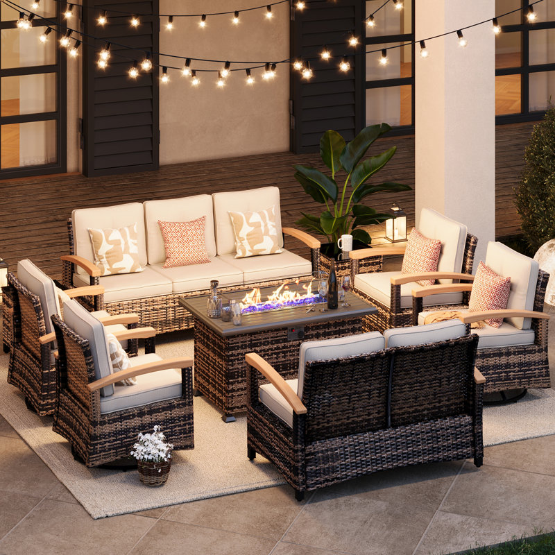 Meissalivve 9 Pieces Patio Furniture Sets With Fire Pit Table, Wicker Outdoor Conversation Sets With 4 Swivel Rocker Chairs, 2 Sofas And Side Table(Grey)