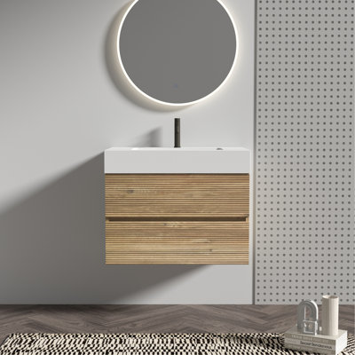 Meuble-lavabo 30 pièces en chêne brut + chêne brut avec lavabo à quartz blanc et tiroirs souples, meuble-lavabo mural flottant pour salle de bain moderne, lavabo blanc brillant une pièce, KD