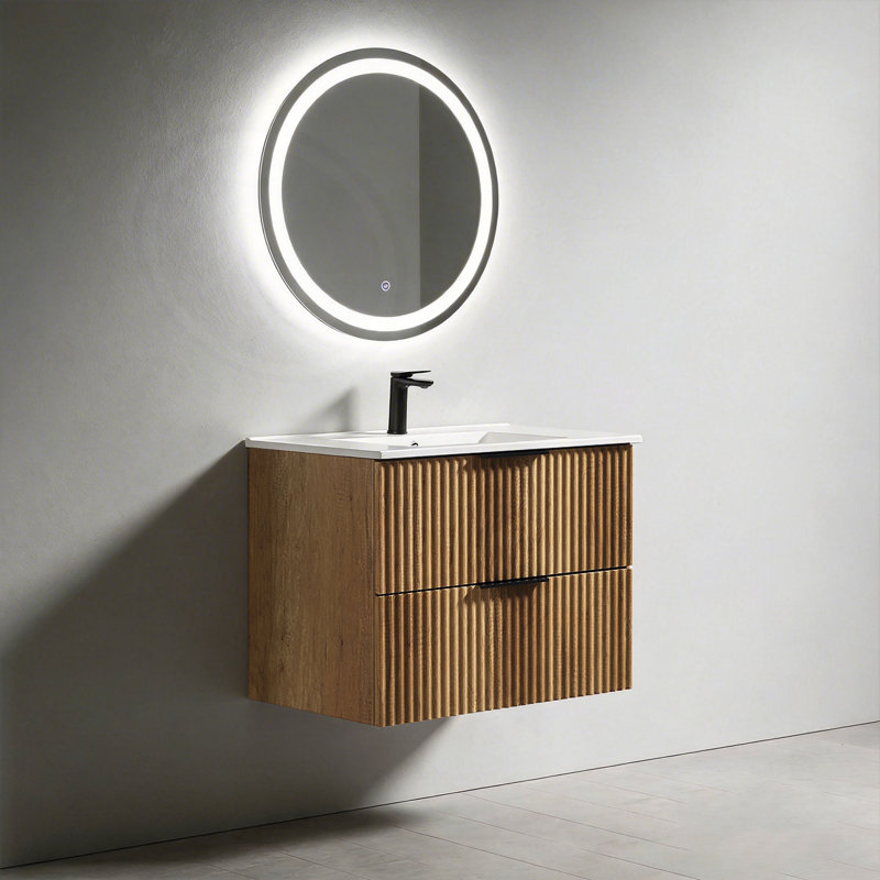 30" Wall-Mounted Bathroom Vanity With 3D Fluted Panel & Ceramic Integrated Sink