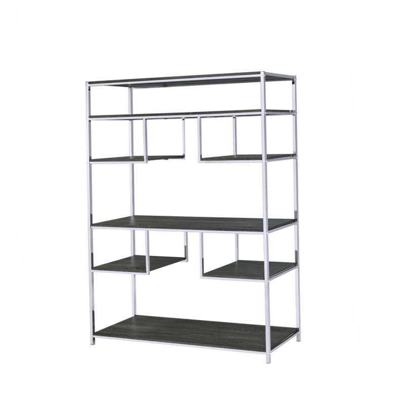 Gray Oak and Chrome Industrial Bookshelf with Open Shelves