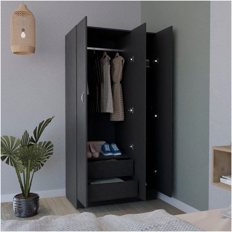 Armoire Ohio avec 3 portes, 2 tiroirs et 4 tablettes à niveaux - noir, Noir