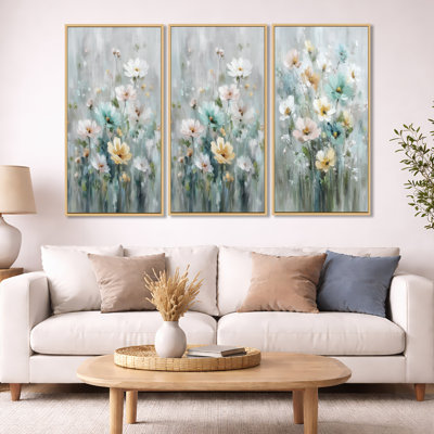 Fleurs jaunes et bleues en fleurs - Ensemble de 3 impressions sur toile encadrées
