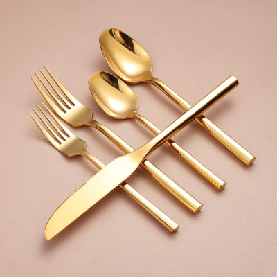 Service de couverts en acier inoxydable 20 pièces pour 4 personnes, ensemble de couverts or miroir avec poignée hexagonale, argenterie allant au lave-vaisselle pour un cadeau de pendaison de crémaillère de mariage