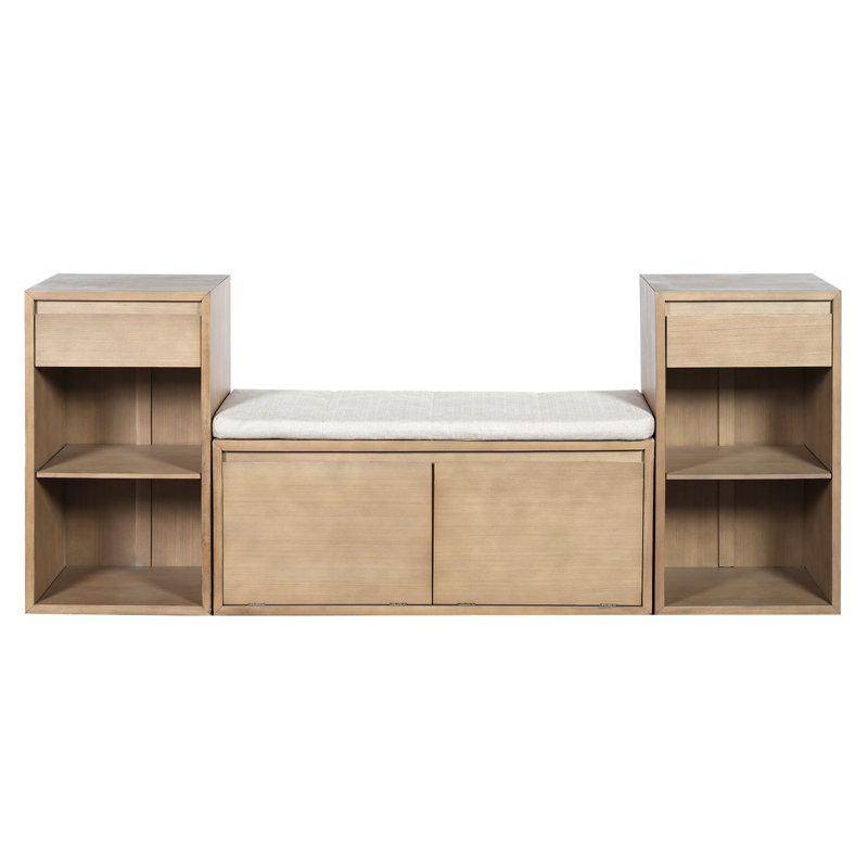 All-In-One Entryway Storage Bench With Cushion Compartments Drawers And Open Shelves For Hallways, Brown