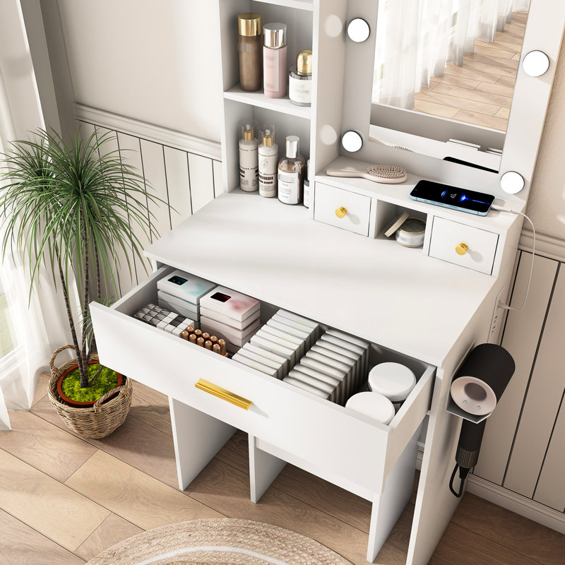 Bureau de meuble-lavabo compact en blanc avec lumières DEL réglables, prise de courant et support pour sèche-cheveux - conception américaine pour miroir modulaire facile à assembler