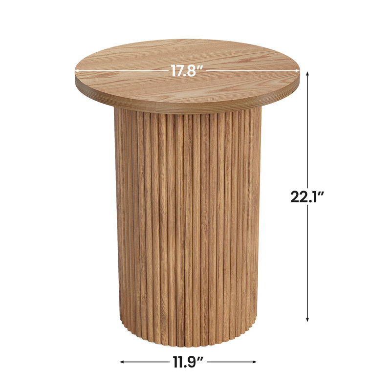 22'' Tall Solid Wood Round End Table Drum Side Table with Fluted Pedestal Base, Beige