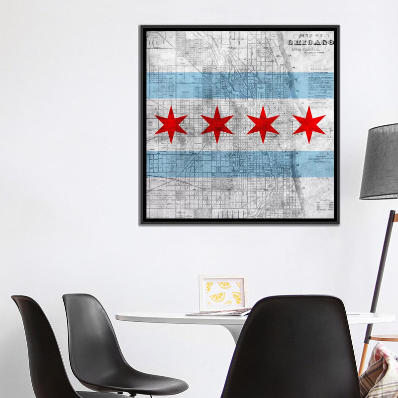 Drapeau de Chicago, carte, impression sur toile, H 37 po x l 37 po x P 1,5 po, Toile avec cadre noir, Pas de tapis