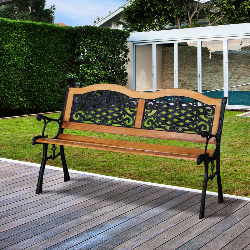 50" Garden Patio Bench With Natural Wood Seat, Metal Legs, Relaxing For Deck, Lawn, Porch, Outside Pool, -Like Look Outdoor Bench, Slat Seat Elegant Backyard, Poolside, Tone
