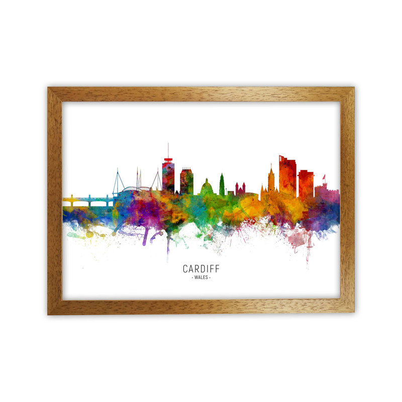Cardiff Wales Skyline by Michael Tompsett - Print, 64cm H x 88cm W x 3cm D, Brown Framed