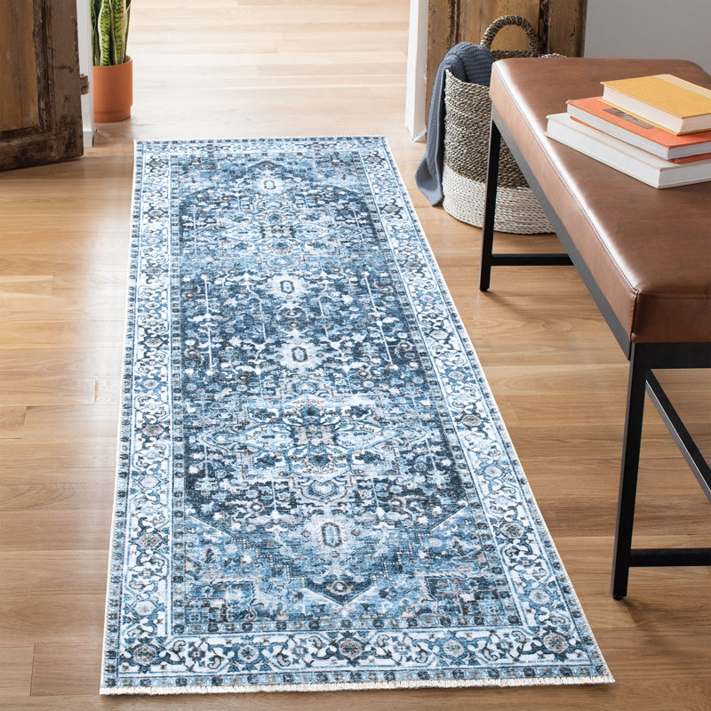 Tapis lavable antidérapant - Tapis de couloir oriental bleu marine traditionnel pour l'entrée, le couloir, la salle de bain et la cuisine