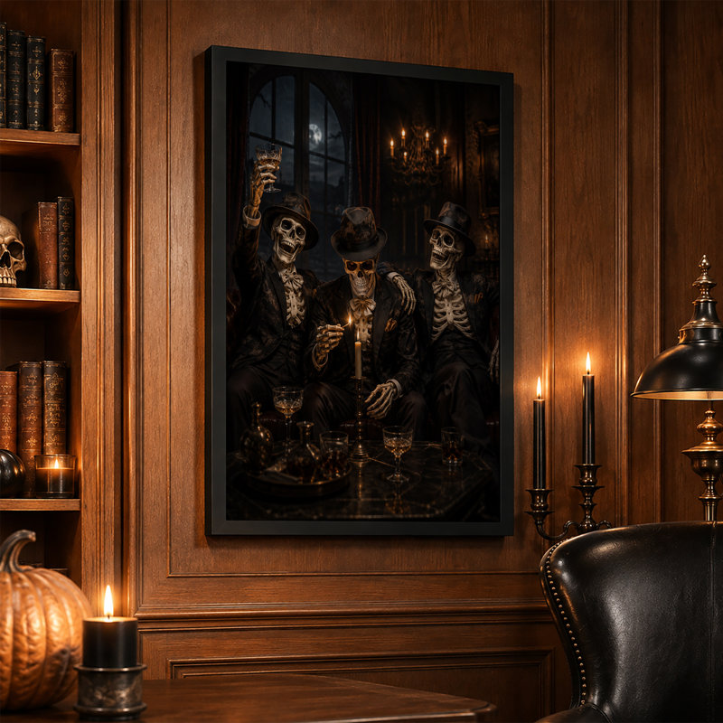 «Three Skeleton Gentlemen Lighting Candle» par Halloween, art mural sur toile, H 18 po x l 12 po