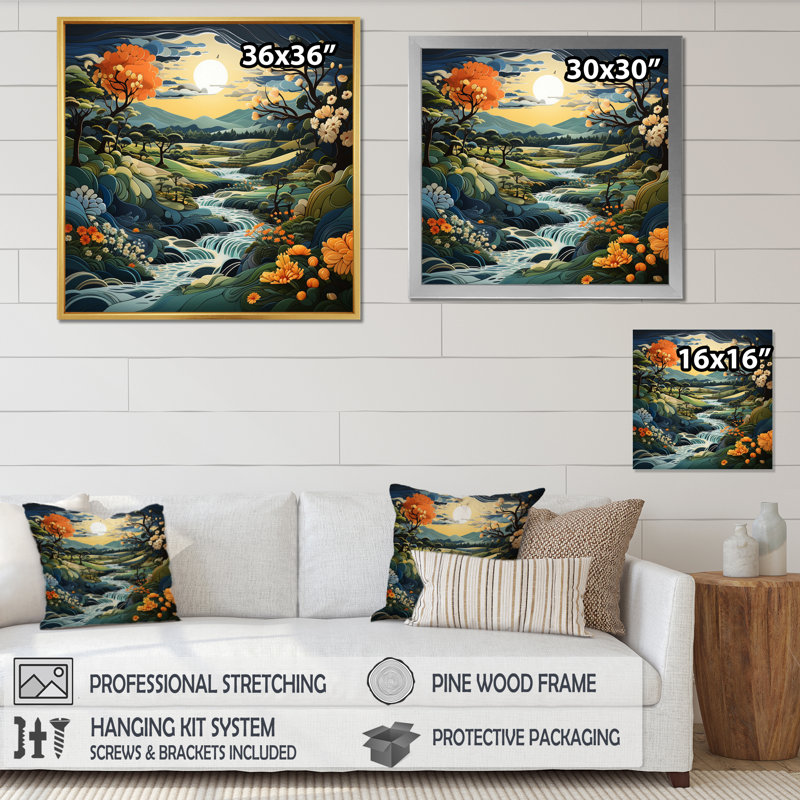 Countryside Winding River III - Landscapes Canvas Wall Art, Cadre simple noir, H 24 po x l 24 po x P 1 po