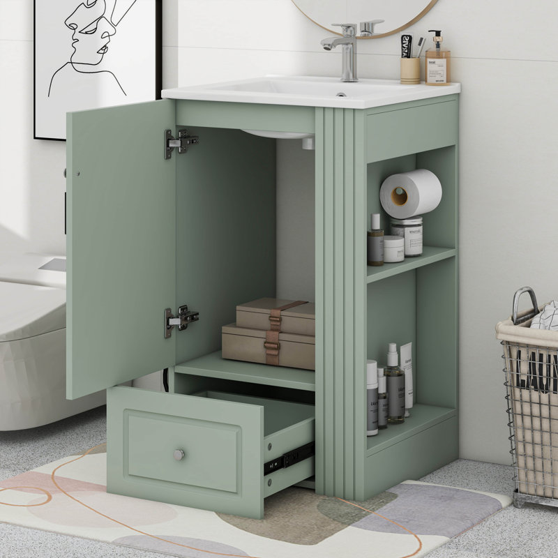 Meuble-lavabo de 20 po avec lavabo en céramique, tiroir et tablettes latérales ouvertes avec barre à serviettes en bois de pin
