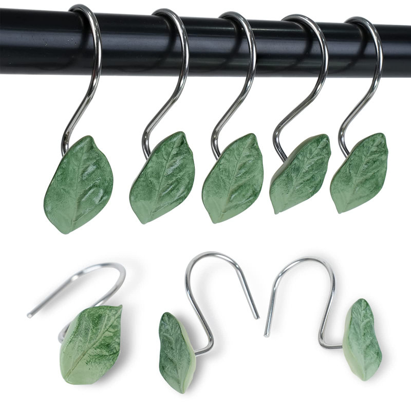 12 crochets de rideau de douche à feuilles 12PCS, crochets de rideau de douche décoratifs, crochets de douche à feuille de plante verte et crochets de rideau de douche en acier inoxydable antirouille (feuilles)