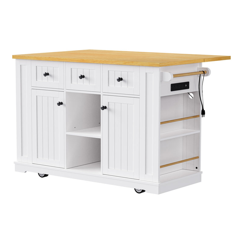 Grand îlot de cuisine de 53 pouces avec 2 tabourets de bar, Blanc