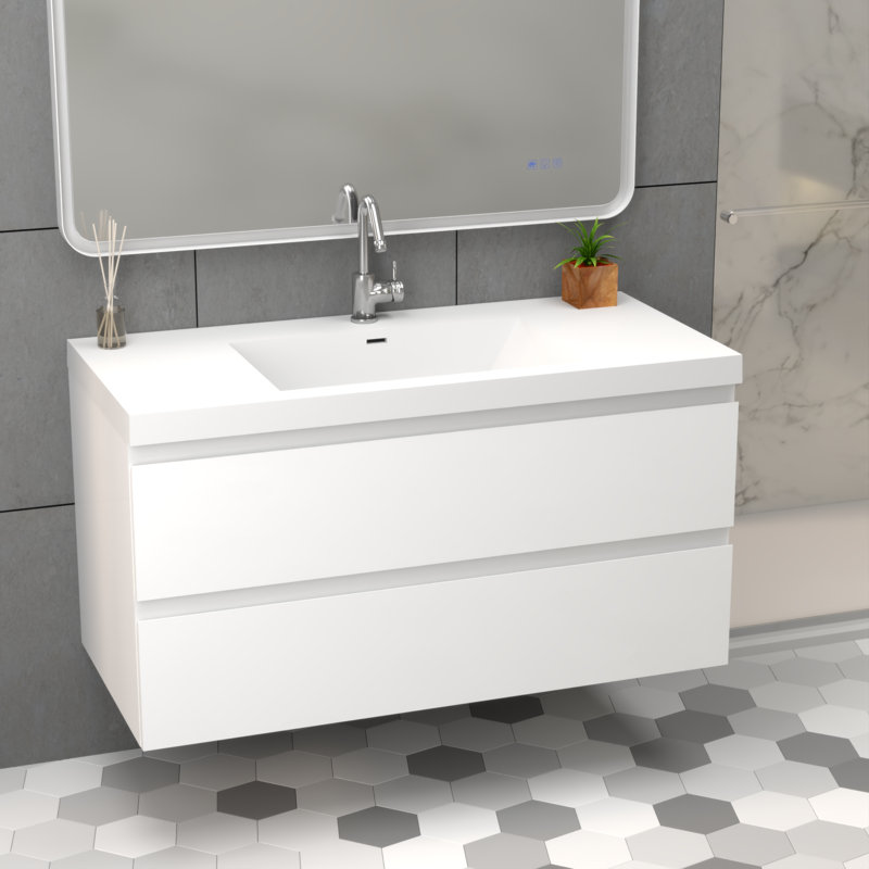 Meuble-lavabo mural de 42 po avec lavabo en pierre d'ingénierie en résine, deux tiroirs avec glissières à fermeture en douceur dissimulées, armoire flottante, à l'exception du robinet et du système de drainage