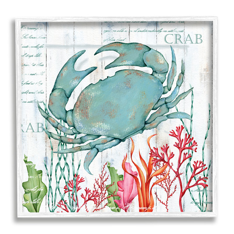 Crabe rustique et corail encadré sur bois par Emma Leach, impression, H 12 po x l 12 po x P 1,5 po