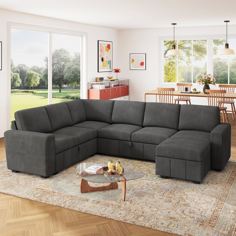 Abramson U-Shaped Corduroy Modular Sofa Bed with Storage, Gray Corduroy