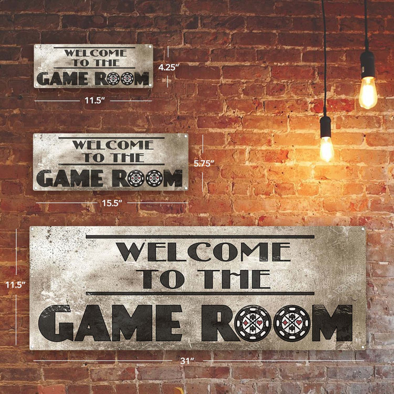 «Welcome To The Game Room» sur métal, H 5,75 po x l 15,5 po
