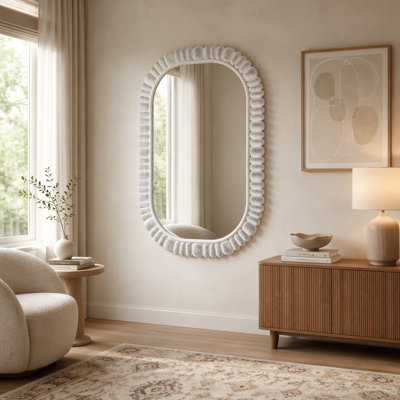24x36-inch Oval Scalloped Wall Mirror with Textured MDF Frame