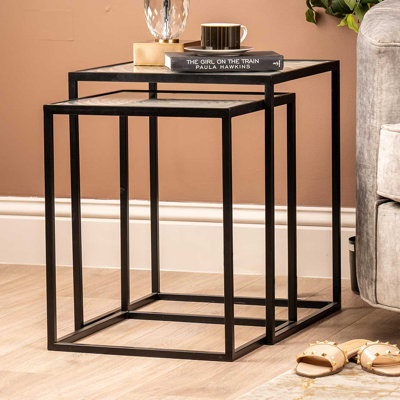 Ambor 55cm Glass Top Nesting Side Table for Living Room, Nest of Sofa Table with Metal Frame