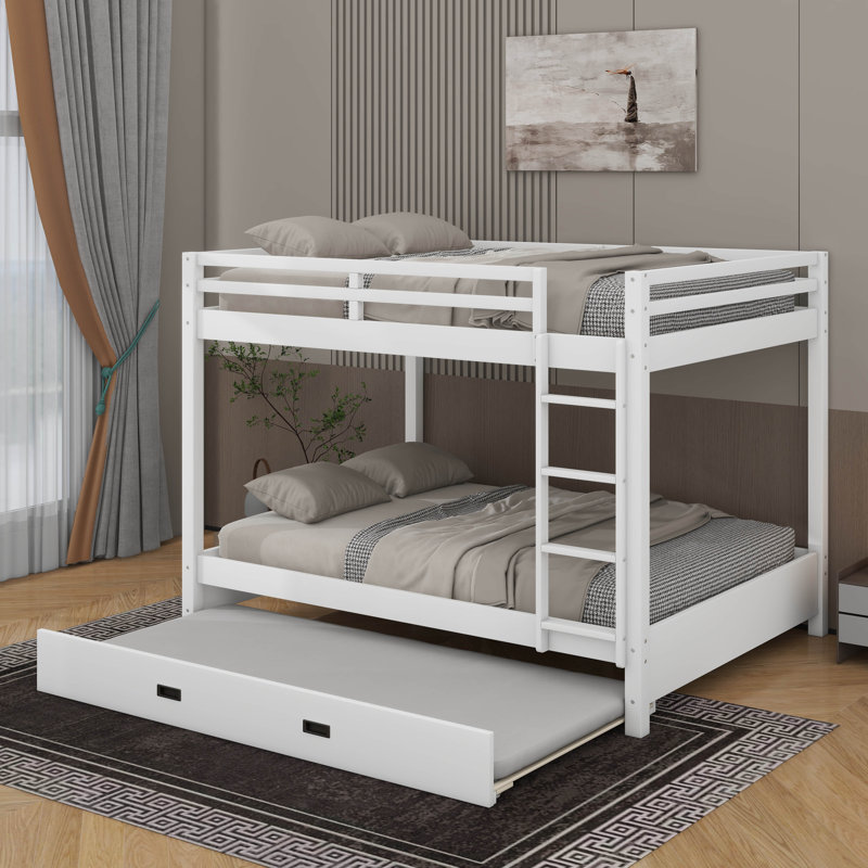 Queen Size Bunk Bed With Ladder And Trundle, White