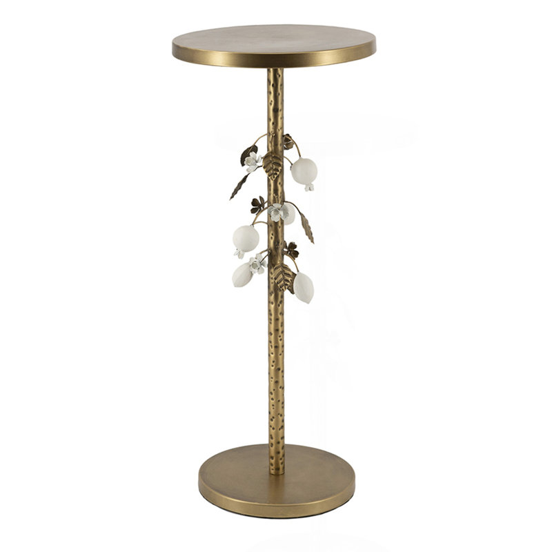 Table d'appoint ronde en fer 11,8 x 11,8 x 28,3 po avec accents floraux dorés et blancs et base en ciment