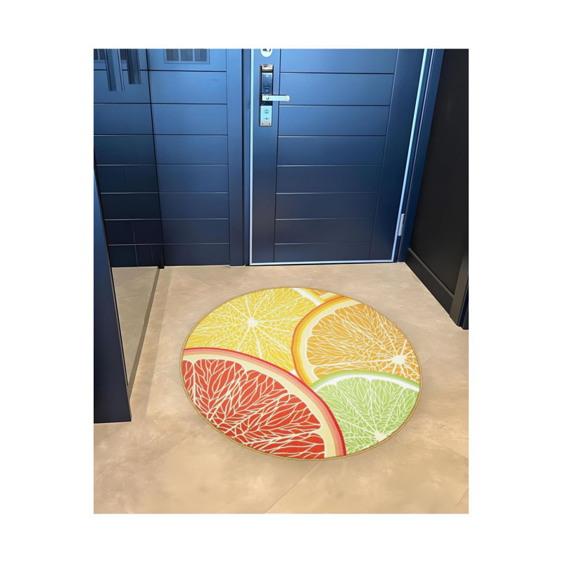 Tapis rond rond jaune, orange, vert, citron et orange, Sous-tapis rond 3 pi 3 po inclus