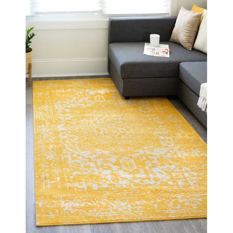 Tapis jaune tissé à la reine Reine, Rectangle 4 pi 1 po x 6 pi 1 po