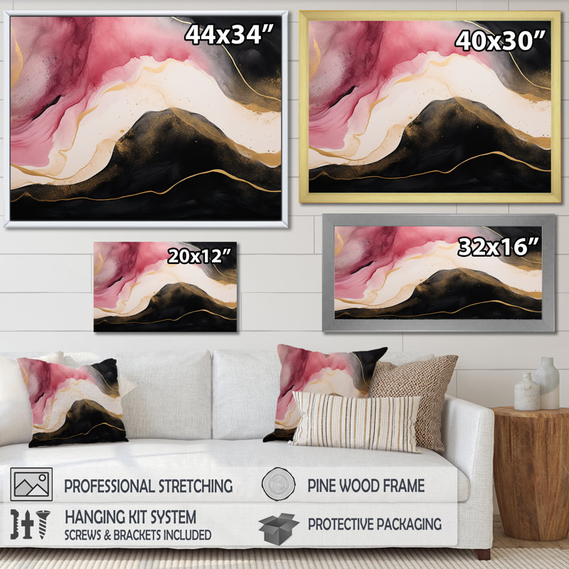 Abstrait vague dorée rose et noire sur toile, H 34 po x l 44 po x P 1,5 po, Cadre doré à une seule photo