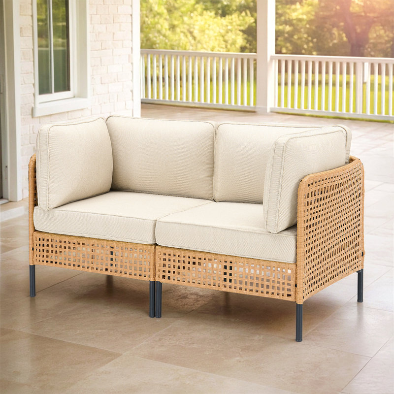 Outdoor Natural Wicker Sofa Boho Patio Sectional Loveseat Furniture Set With Beige Csuhions