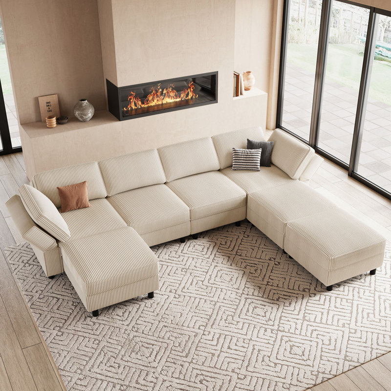 U Shaped Modular Sectional Sectional Sofa With Chaise & Ottoman, Beige Corduroy